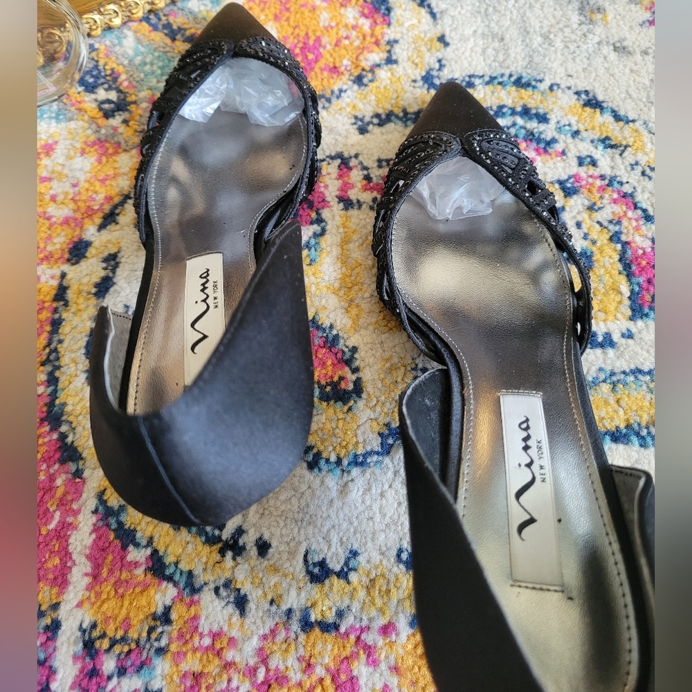 Nina Black Satin d'Orsay Heels with Rhinestone Detailing - Picture 5 of 12